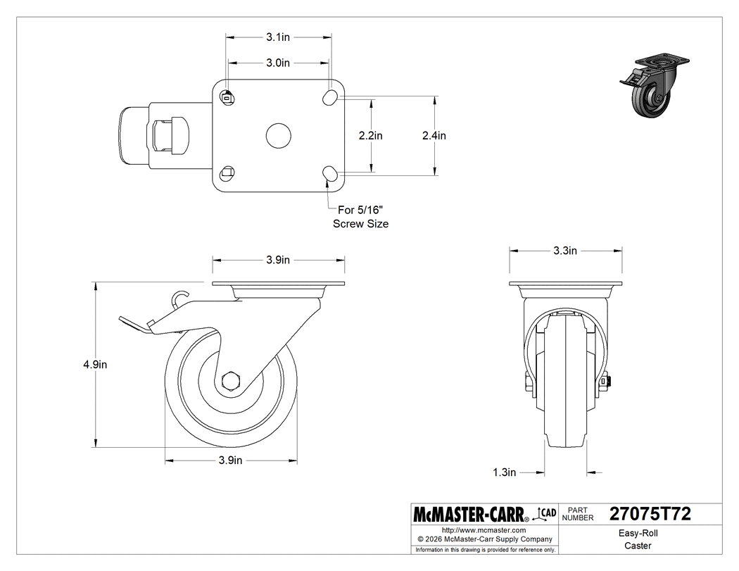 Technical Drawing of Easy-Roll Caster, Blue Rubber Wheel, Swivel with Brake, 4" Diameter Wheel.